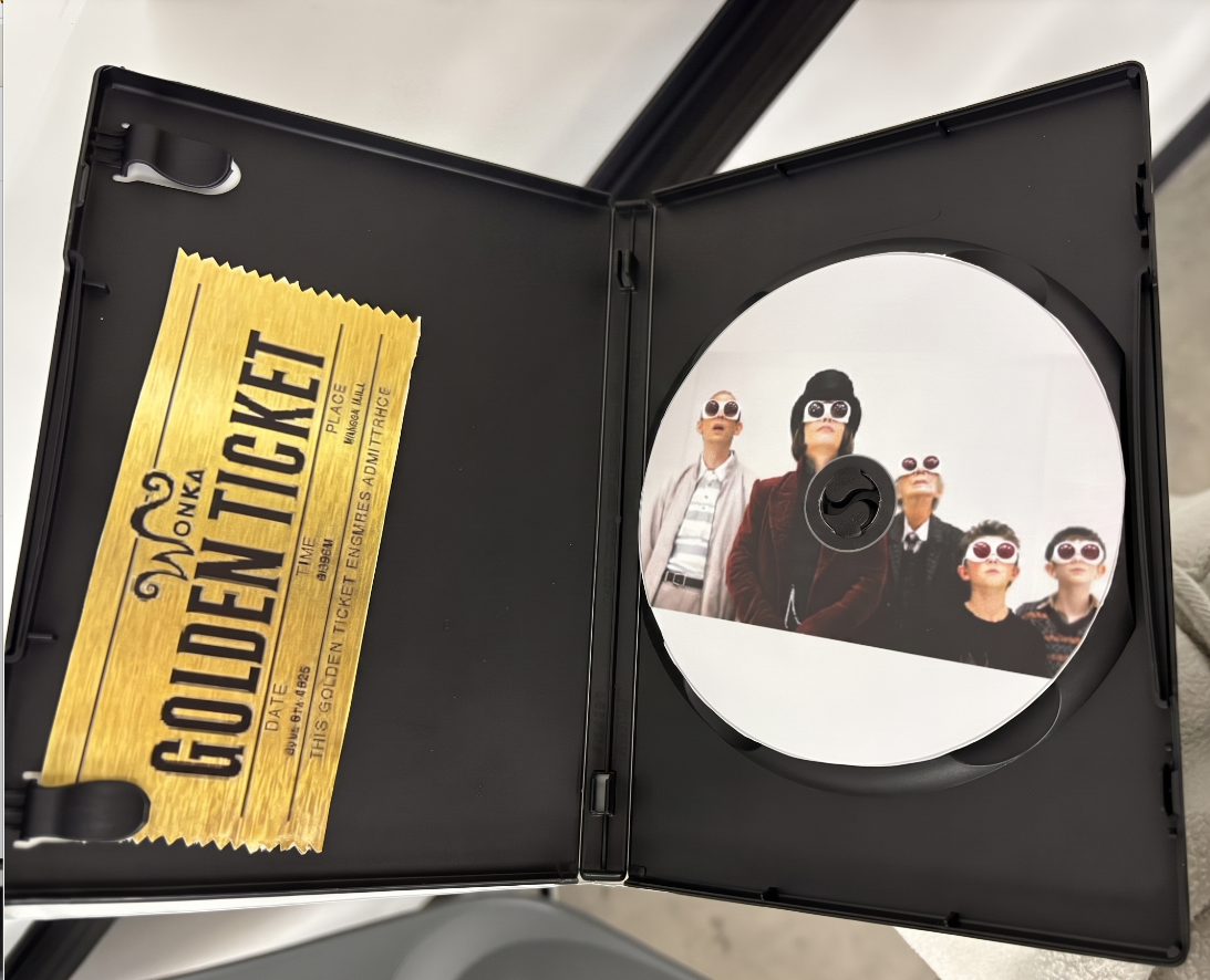 DVD case open, showing the disc and Golden Ticket insert